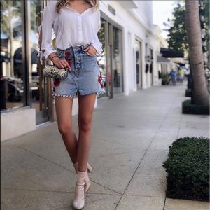GRLFRND Milla High Rise Skirt in Endless Love - Red Embroidered Roses on Denim